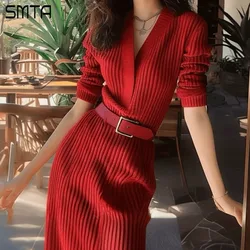 Christmas Red Knitted Sweater Wedding Dresses for Women Luxury Plunging V-Neck Long Sleeve Belted Night Club Party Dress Autumn