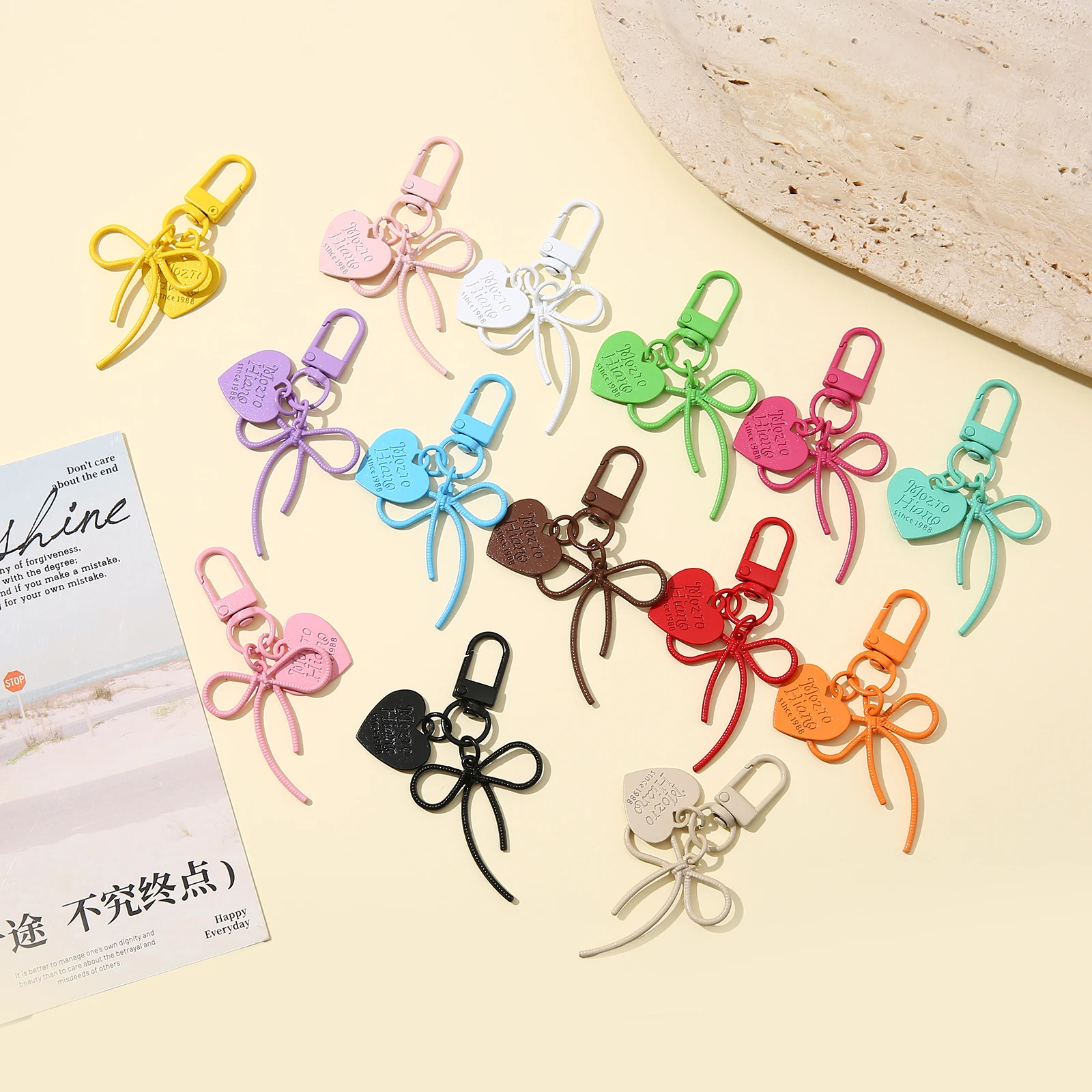 1-50 pcs Colorful Heart Bow Keychain, Cute Embossed Heart Tag Bow Key Ring with Spring Clasp, Sweet Aesthetic Bag Charm Pendant