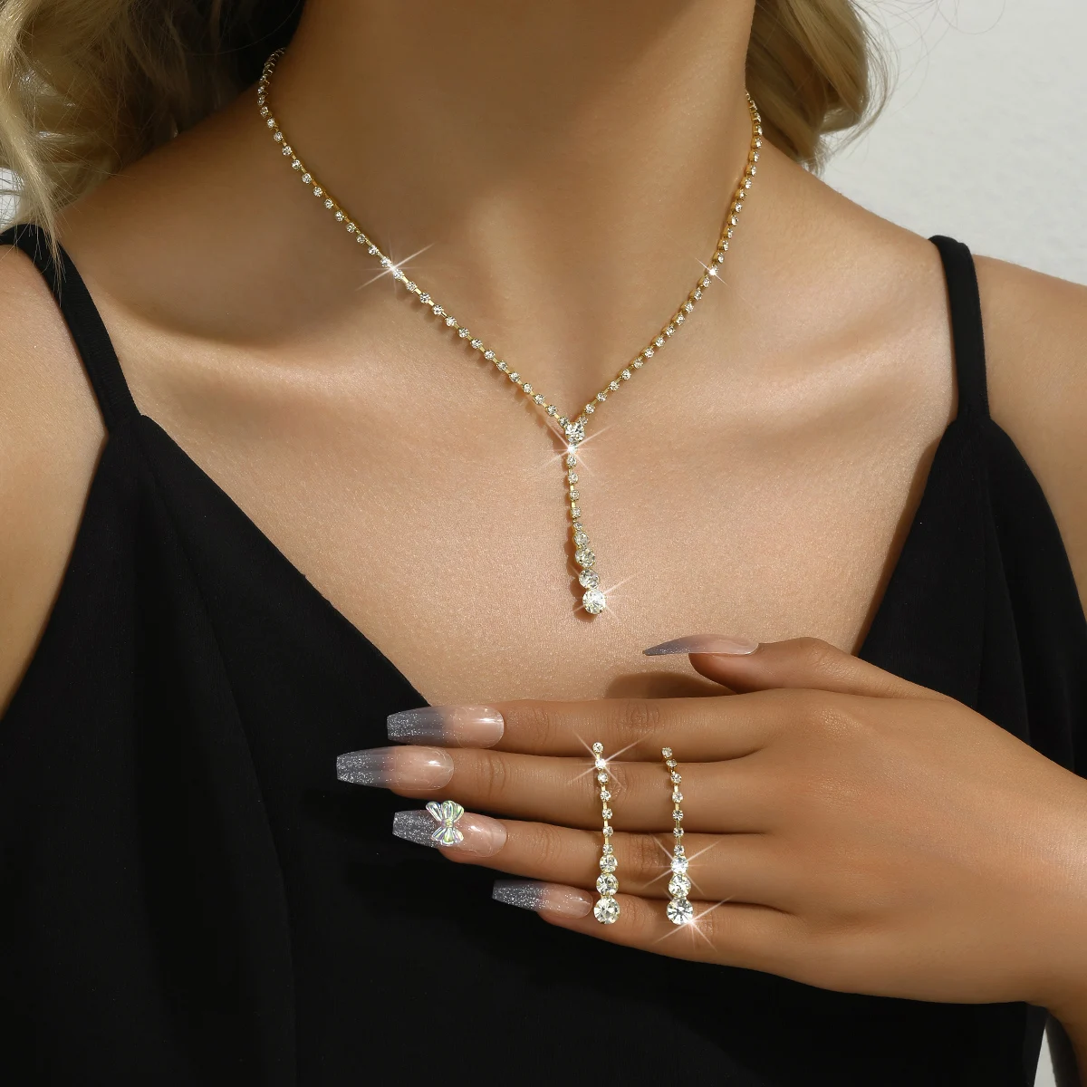 3pcs Women's Jewelry Fashion Drops Rhinestone Necklace Earring Set Bridal Wedding Accessories-8098