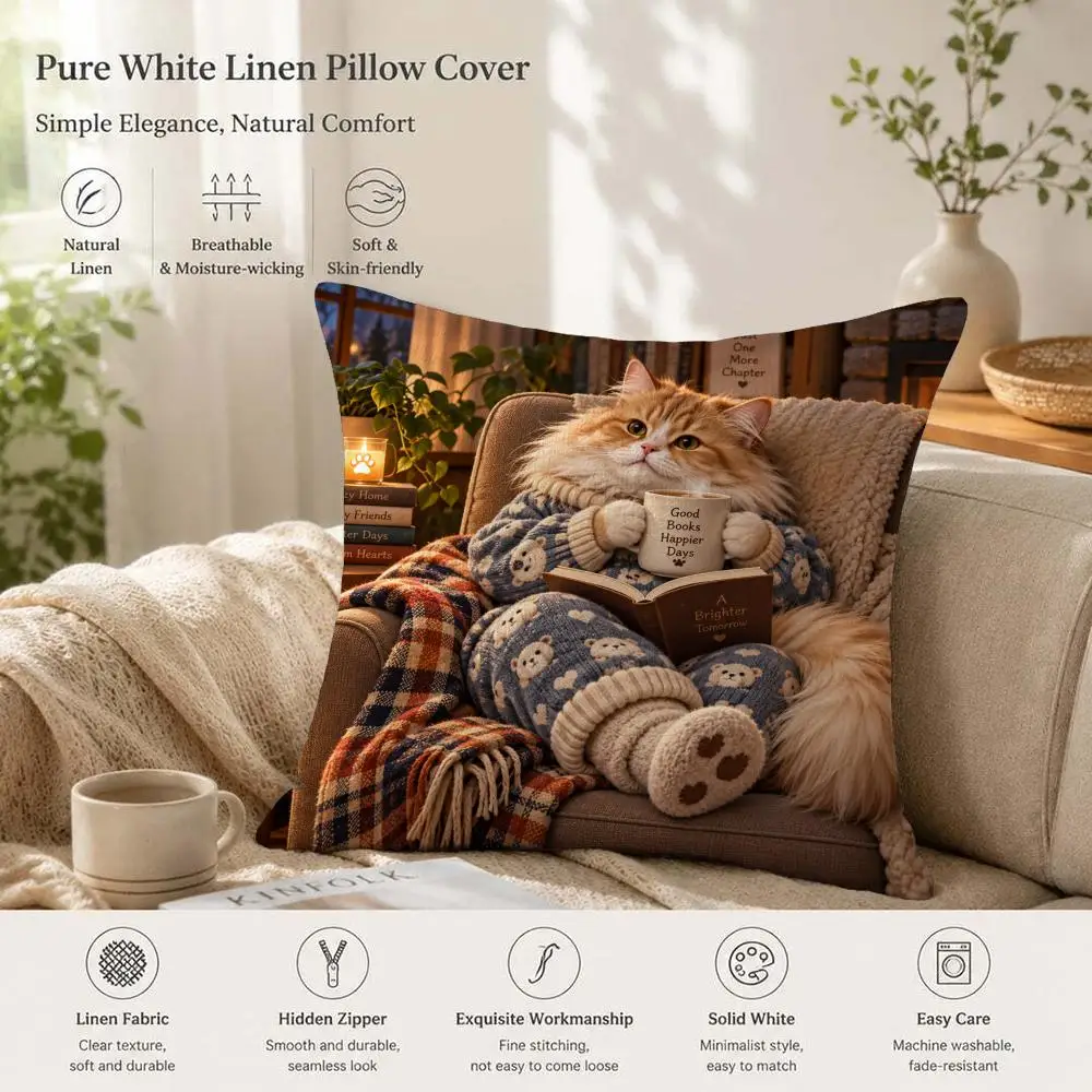 Cute Cats Lazy Holiday Night Cushion Cover 1/4PCS Linen Sofa Couch Bedroom Living Room Home Decor Pillow Case