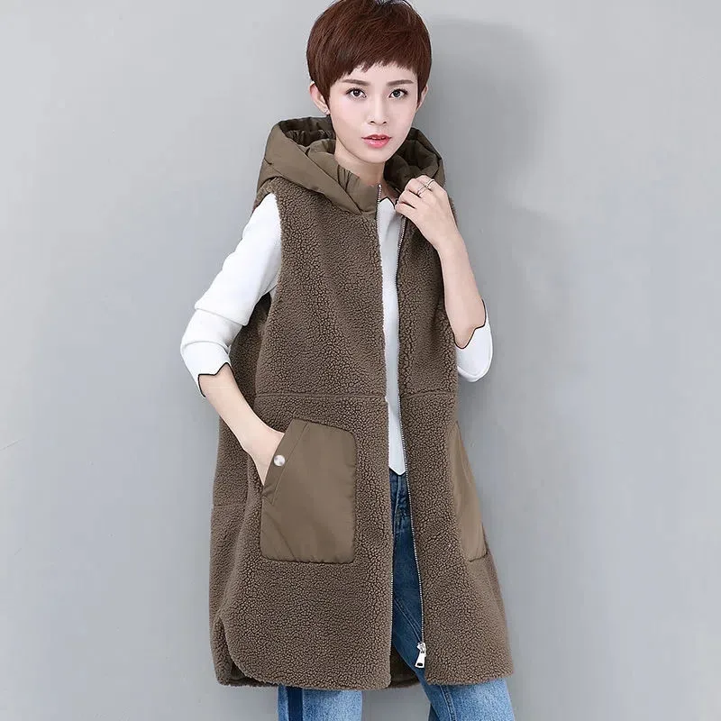 

Lambswool Vest Women Waistcoat Jacket Medium-Length Add Cotton Thickened Warm Casual Hooded Autumn Winter Coat Female Outerwear