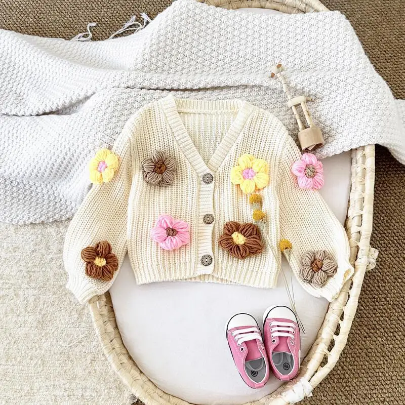 

2026 Baby Girls Round Neck Long Sleeved Tops Spring Autumn Flower Sweater Cardigan Comfortable Pullover New Fashionable Kawaii
