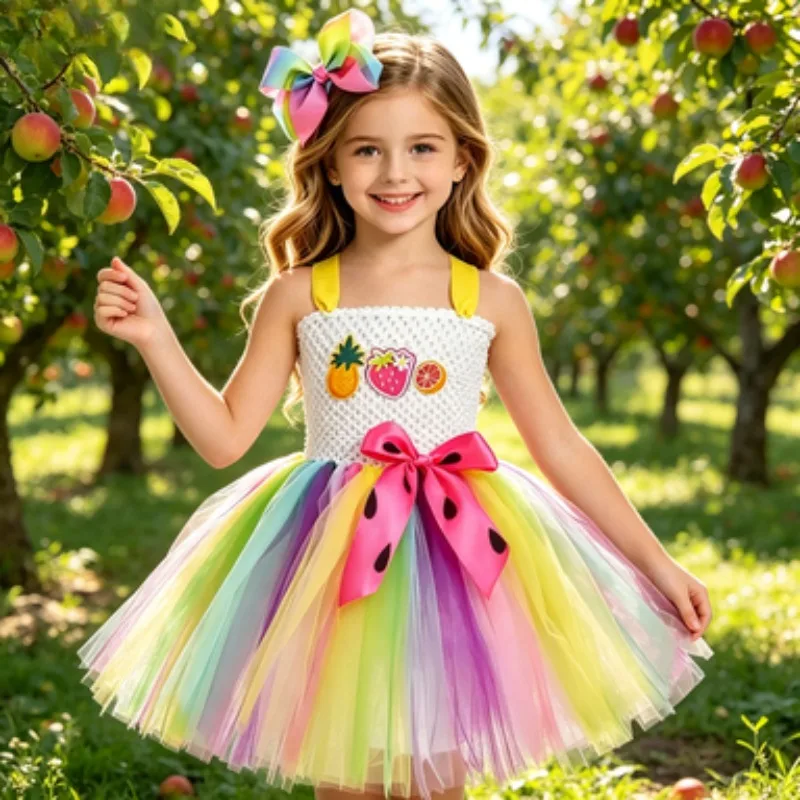

Girls' princess costume set with tulle tutu skirt, fruit printed princess dress matched with hair clips, Halloween party dress