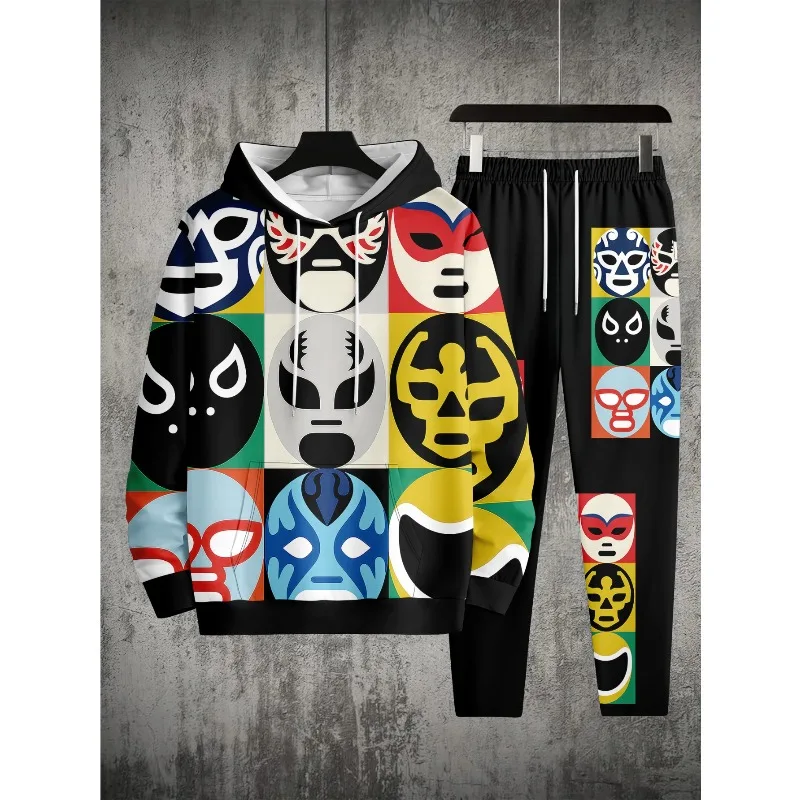 Модный спортивный китайский иероглиф с забавным лицом и 3D принтом, мужская толстовка с капюшоном на плечах, топ, брюки, комплект из двух предметов