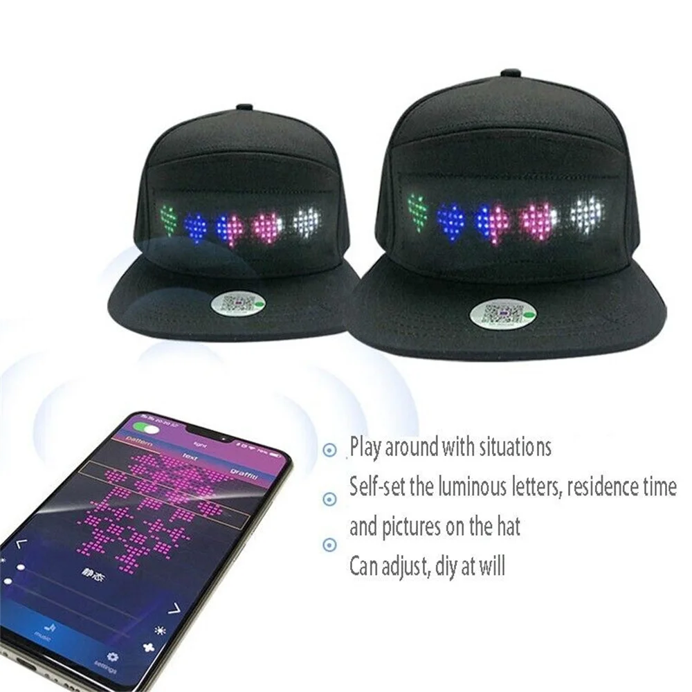 Unisex Baseball Cap USB Rechargeable Bluetooth APP Programmable LED Scrolling Message Display Board Hip Hop Street Snapback Hat