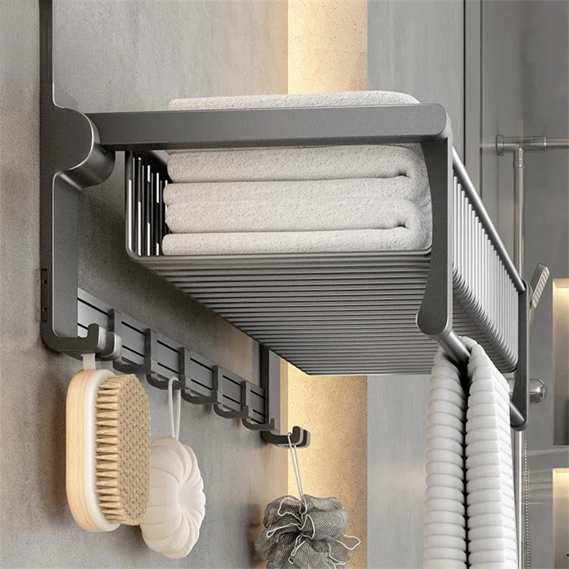 

Space-Saving Towel Rack Wall-Mounted Multi-Function Bathroom Shelves Non-Perforated Towel Storage Efficient Bathroom Organizer