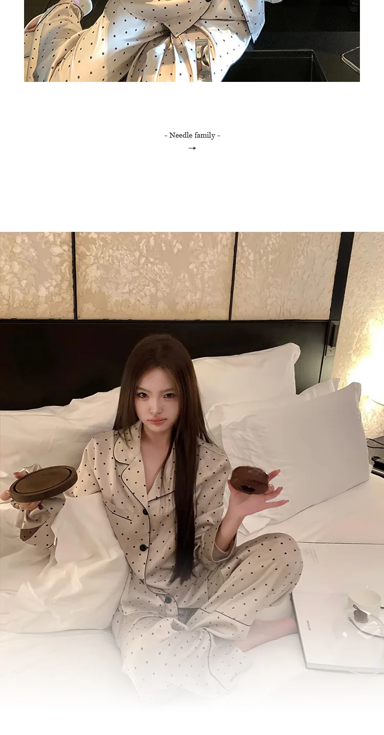 French High Sense of Nachtwäsche Damen Frühling und Herbst Neuer einfacher Polka Dot Langarm Lange Hosen Eisseide Homewear Mode Anzug – Detail 9