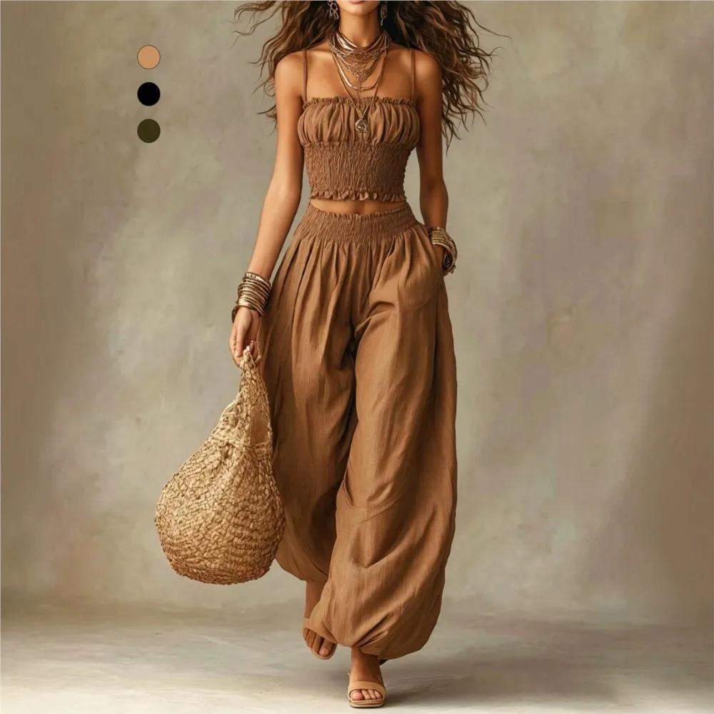 Strappy Crop Top Boho Women Two Piece Set Tube Top Smocked Crop Top Wide Leg Lantern Pants Casual Beach Outfits Summer Clothing