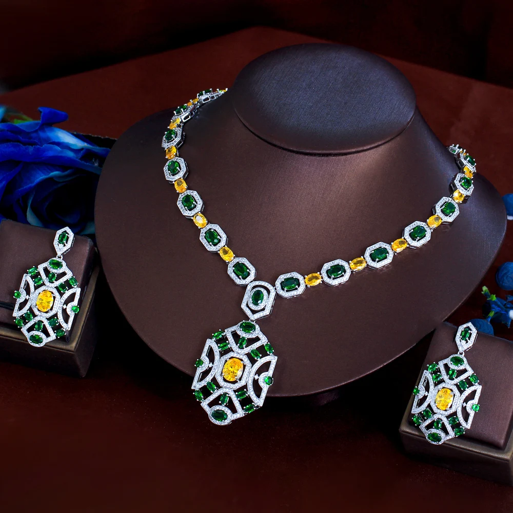 ThreeGraces Gorgeous Multicolor Zirconia Shield Shaped Luxury Big Wedding Bridal Necklace Earrings Jewelry Set for Women T1056