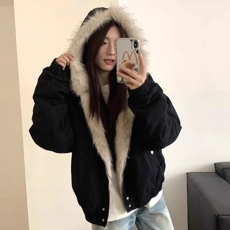 

Женские парки, пальто, однотонные короткие куртки с карманом на молнии, меховым капюшоном и длинными рукавами, свободные толстые повседневные офисные женские куртки, осень-зима 2025 г.