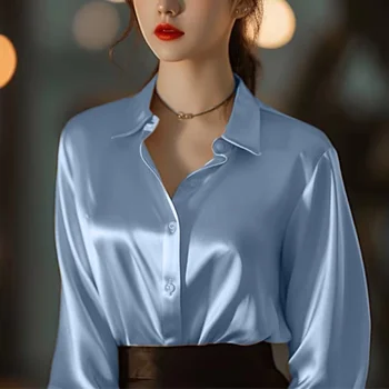 우아한 오피스 레이디 새틴 셔츠, 올 매치 트렌디 셔츠, 기본 시크 상의, 프렌치 시크 셔츠, 단색, 가을