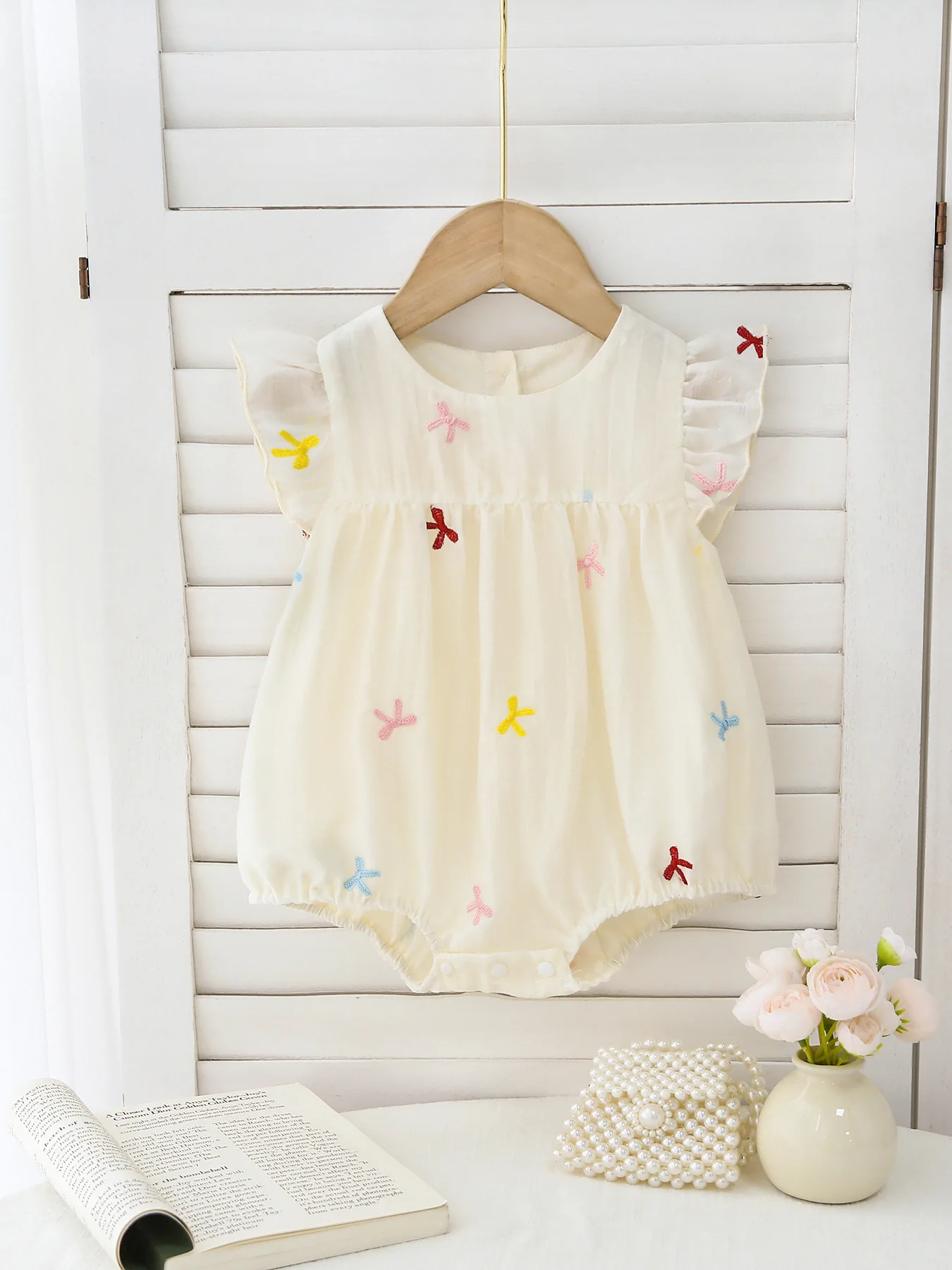 

Летний милый комбинезон для малышей 3M-2T с вышивкой и бантом, абрикосовый, с рюшами, для девочек