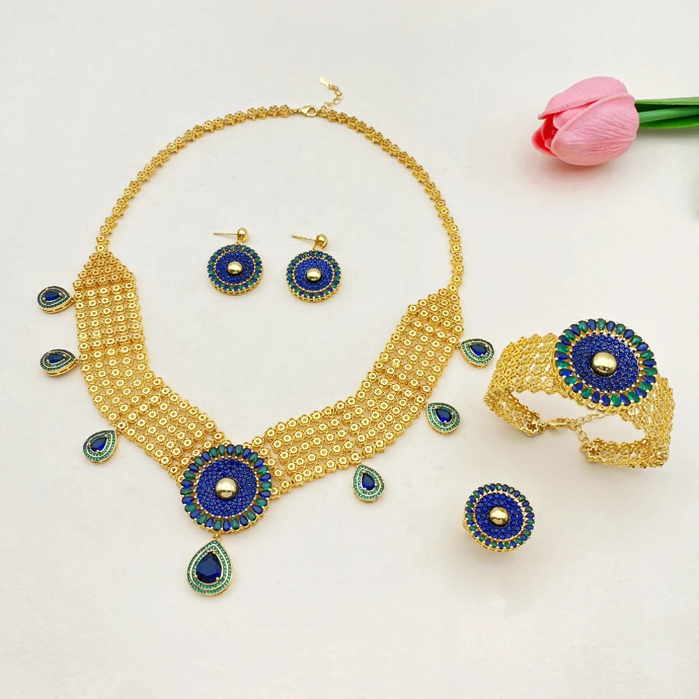 

Flora Hot Sale Gold Plated Zircon Jewelry Set Women's Luxury Ring Necklace Bracelet Earrings 4 Pc Set Perfect Gift for Women