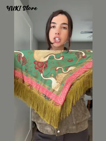 Vintage Tassel Printed Satin Square Scarf Women Fashion Fringe Trim Shawl Accessories 2026 Spring Summer Casual Scarves Shawls
