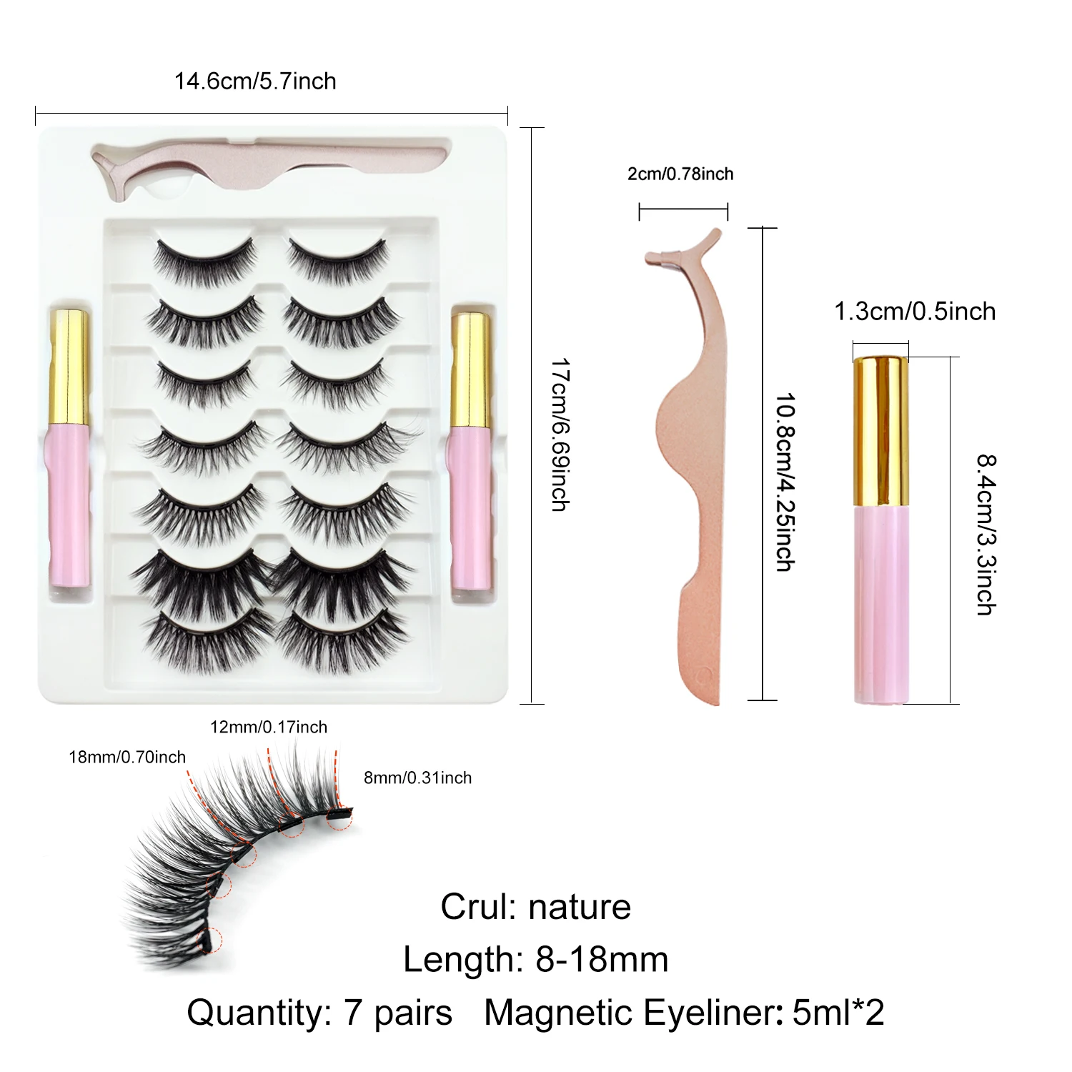 7쌍 마그네틱 속눈썹 키트, 재사용 가능한 3D 마그네틱 속눈썹 세트, 방수 아이라이너, 인조 속눈썹 자연스러운 룩