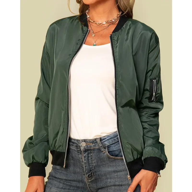 Blouson Bombardier Fin à Manches sulfpour Femme, Coupe-vent Décontracté, Col Montant, Fermeture Éclair, Mode Automne