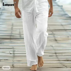 Men Simple Cotton Linen Straight Pants Solid White Straight Full-Length Trouser Plus Size Mens Casual Drawstring Sweatpants