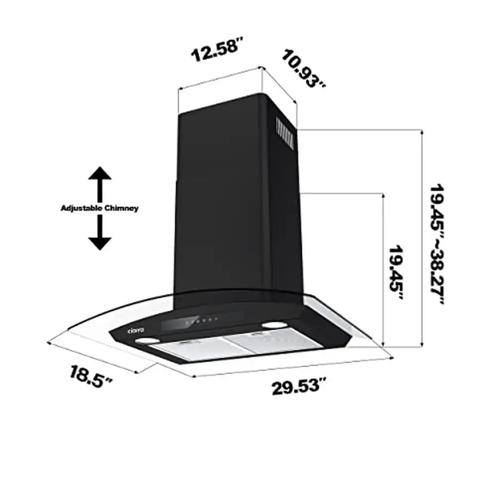 30 Inch Black Range Hood with 450 CFM Suction Dimmable LED Lighting Auto Shut Off Function