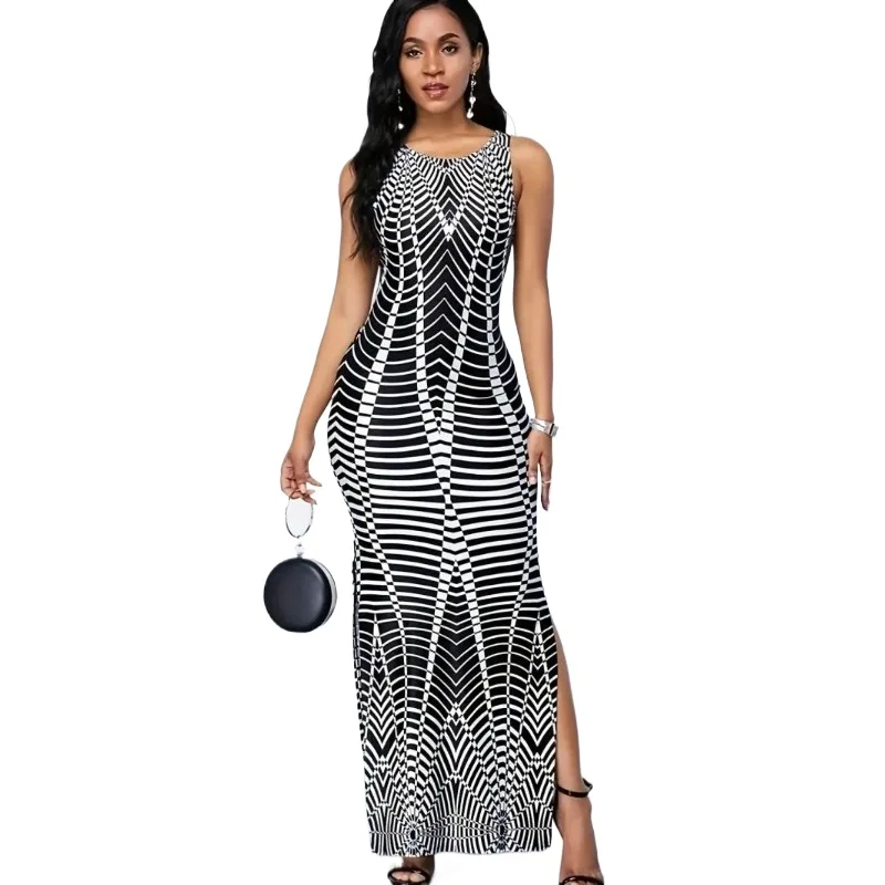 Spring European and American Women's Clothing Digital Printing Round Neck Sleeveless Side Split Dress