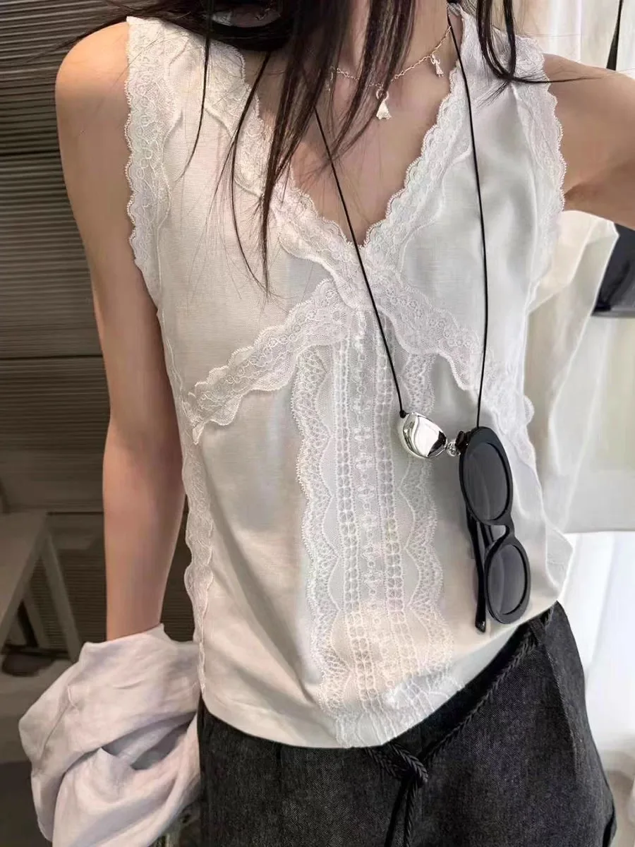 Loose Lace Crop Top Women's Summer New Style V-neck Sleeveless Vest 95% Cotton 5% Spandex Casual Comfortable Innerwear Outerwear