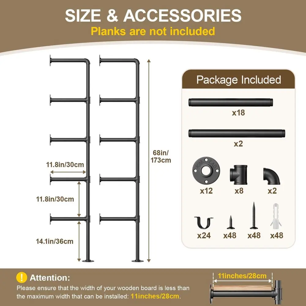 5-Tier Wall-Mounted Iron Pipe Open Bookshelf - DIY Storage Shelves