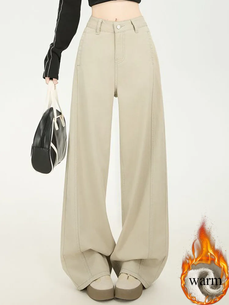 جينز مستقيم فضفاض عتيق للنساء شتاء دافئ عالي الخصر سميك مخملي مبطن Vaqueros سروال دينم واسع الساق جديد #1