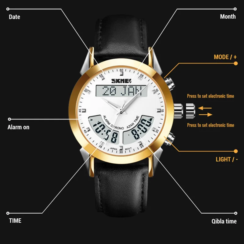 Muslim Qibla Watch Men Adhan Alarm Clock Hijri Calendar Islamic Al Harameen Fajr Time Wristwatch For Women SKMEI reloj hombre