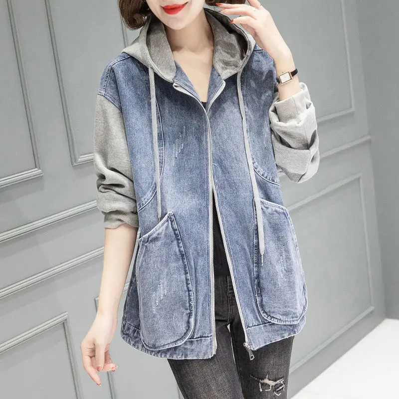 Fashion Zipper Pockets Spliced Hooded Denim Coats Female Clothing 2024 Autumn Winter New Loose All-match Tops Casual Jackets