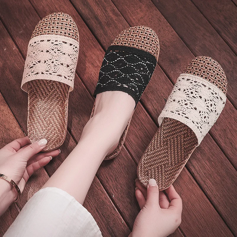 

Summer Linen Rattan Weaving Slippers Breathable Non Slip Rattan Woven Indoor Home Linen Slippers For Men And Women