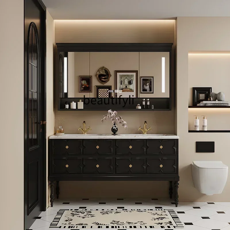 

French retro bathroom cabinet combined rock slab integrated basin light luxury washing table wash basin cabinet