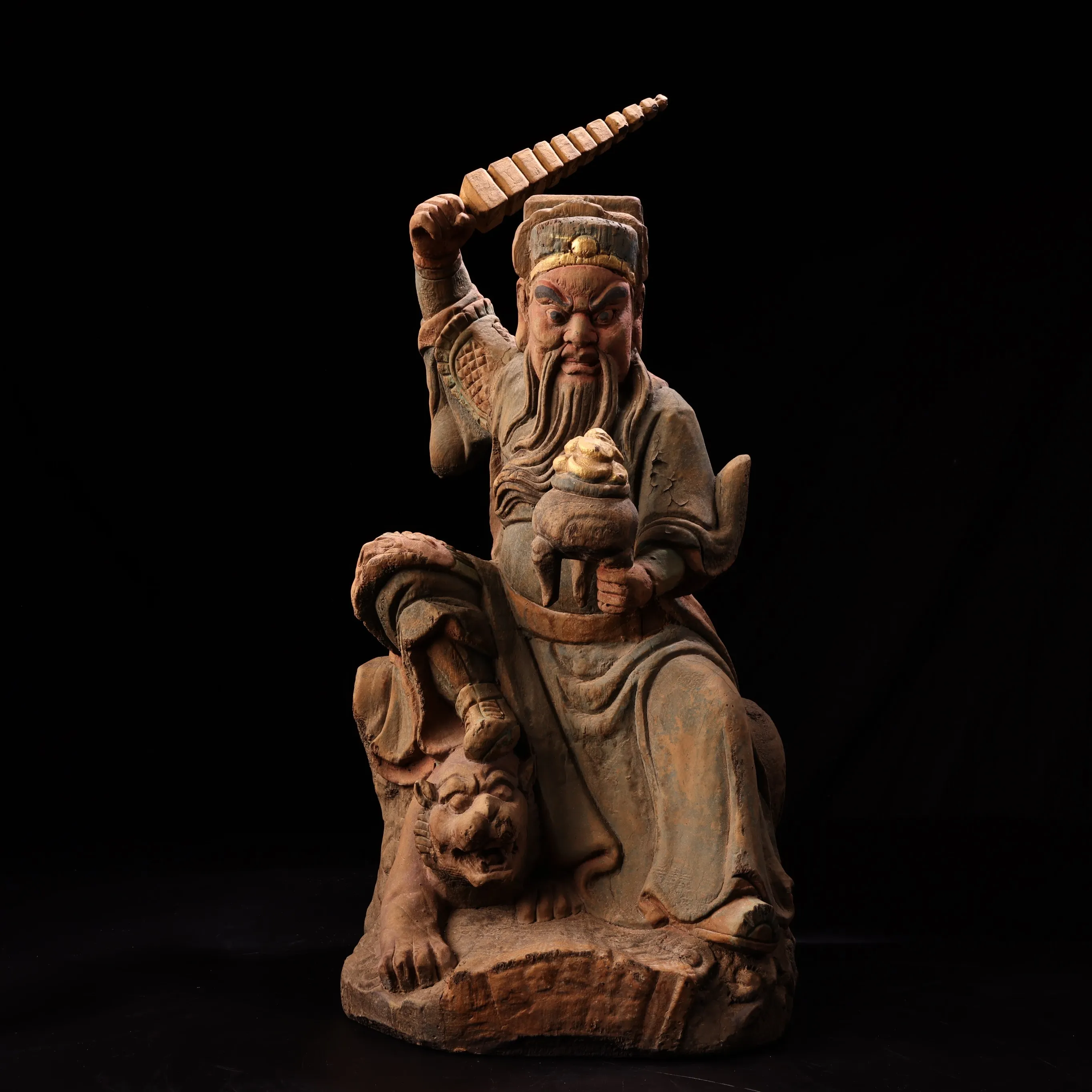 

22"Tibetan Temple Collection Old Wood Carving Painted Zhao Gongming God of wealth Immortals Sitting Buddha Worship Hall