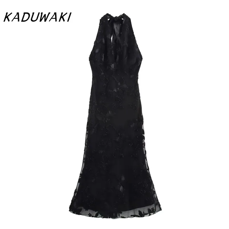 

KADUWAKI French Summer Women's French Retro V-neck Sleeveless Vestidos Sexy Bareback Embroidered Hanging Neck Dresses Streetwear