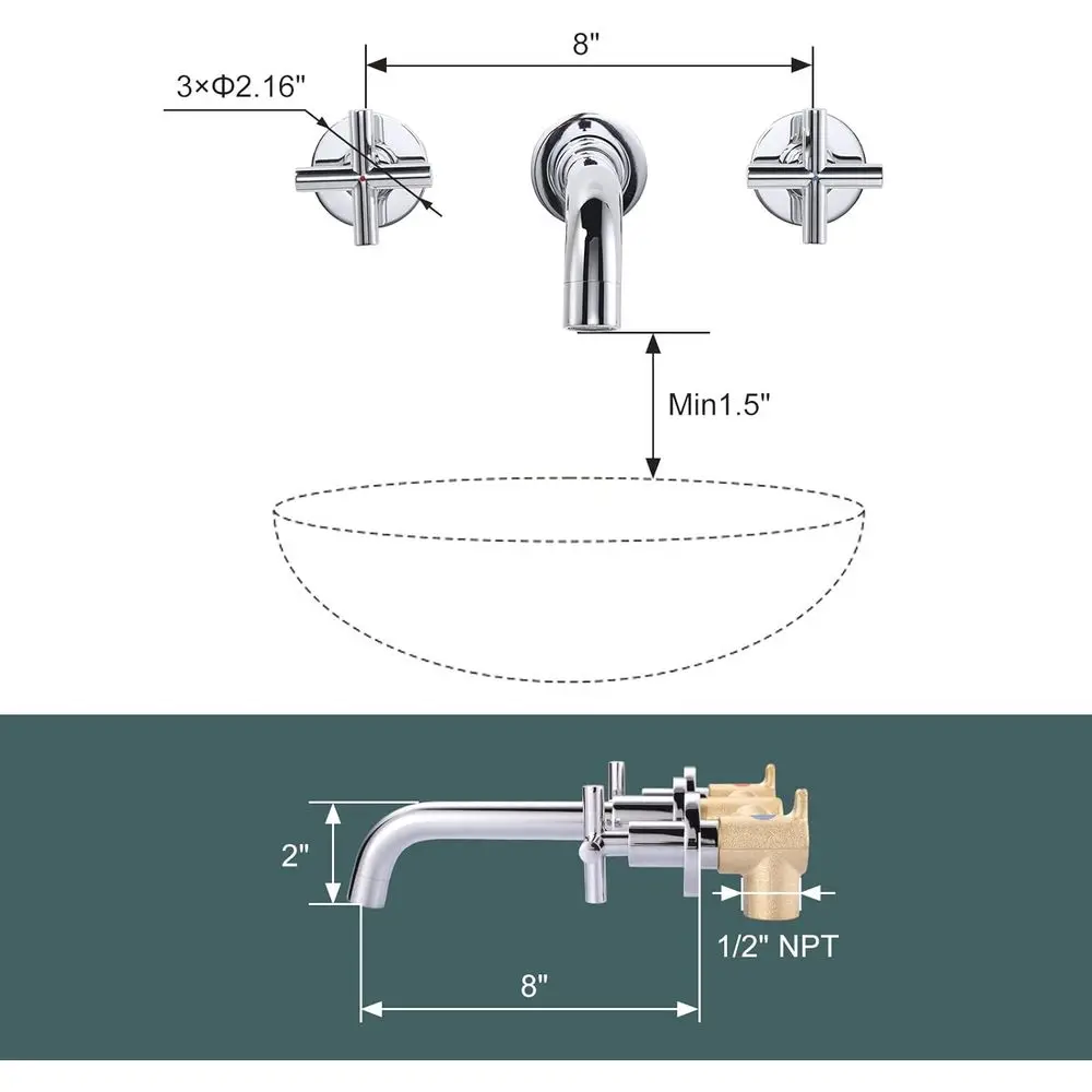 Chrome 2-Handle Wall-Mounted Bathroom Faucet with Rough-In Valve Included
