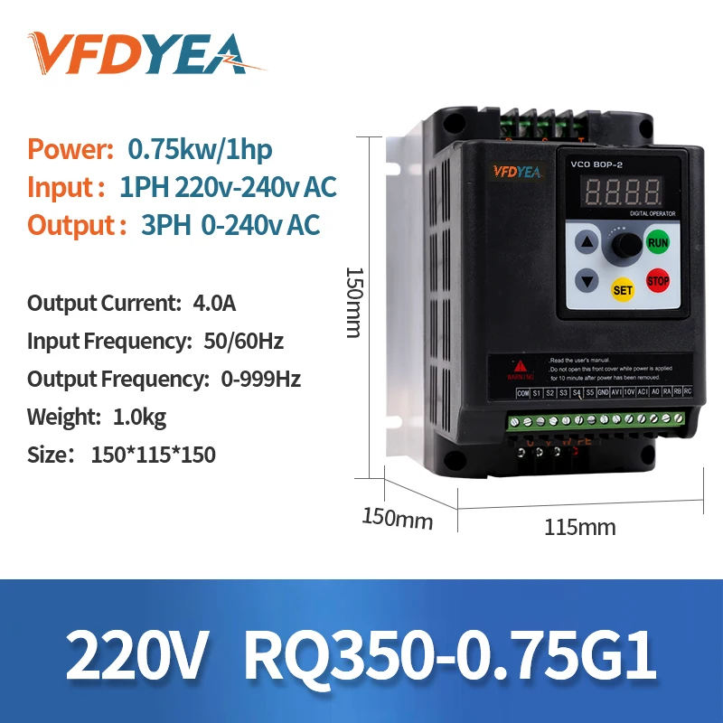 VFDYEA  VFD 0.75KW/1.5KW /2.2KW  Inverter 3PH 220V Output  Converter Variable Frequency Drive  for Water Pump