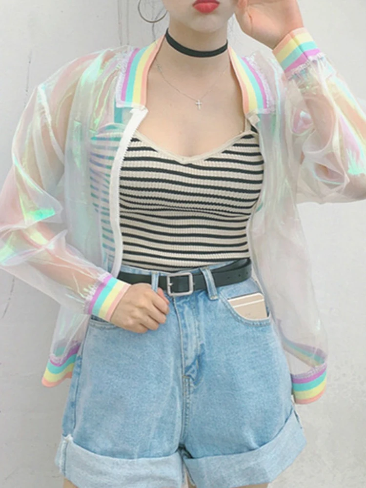 Harajuku Summer Women Jacket Laser Rainbow Symphony Hologram Women BasicCoat Clear Iridescent Transparent Bomber Jacket Sunproof