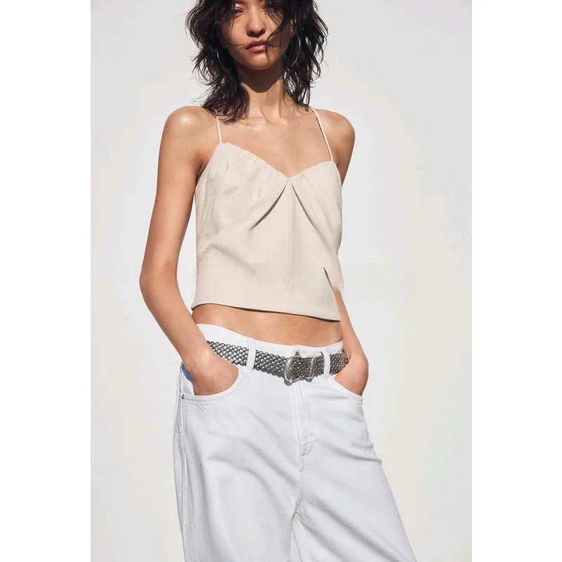 Wiosenna Nowa Damska Bluzka z Mieszanych Włókien z Dekoltem w Kształcie Serca, Plisowana, Prosta, na Cienkich Ramiączkach, Elektryczna, Wygodna, Poliestrowa Kamizelka