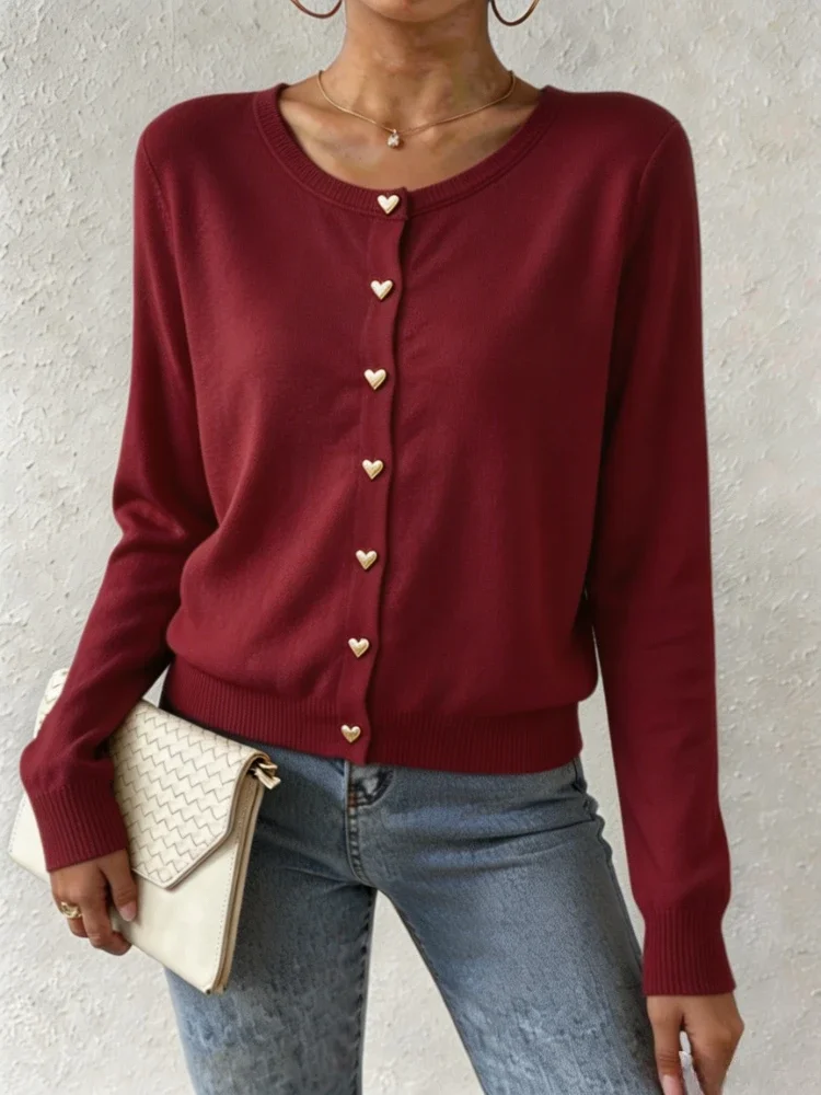 Ladies Round Neck Knitted Cardigan Elastic Sweater Jacket Long Sleeve Heart Buttons Soft Knitwear Casual Women Short Outer Coat