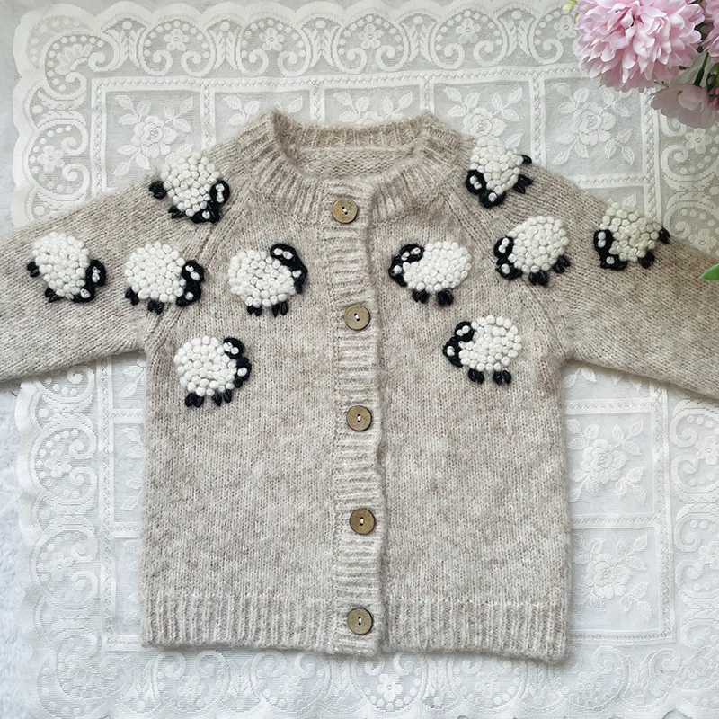 Nordic wind new 2024 spring girl baby hand-embroidered small sheep with wool knitted cardigan sweater90-140cm