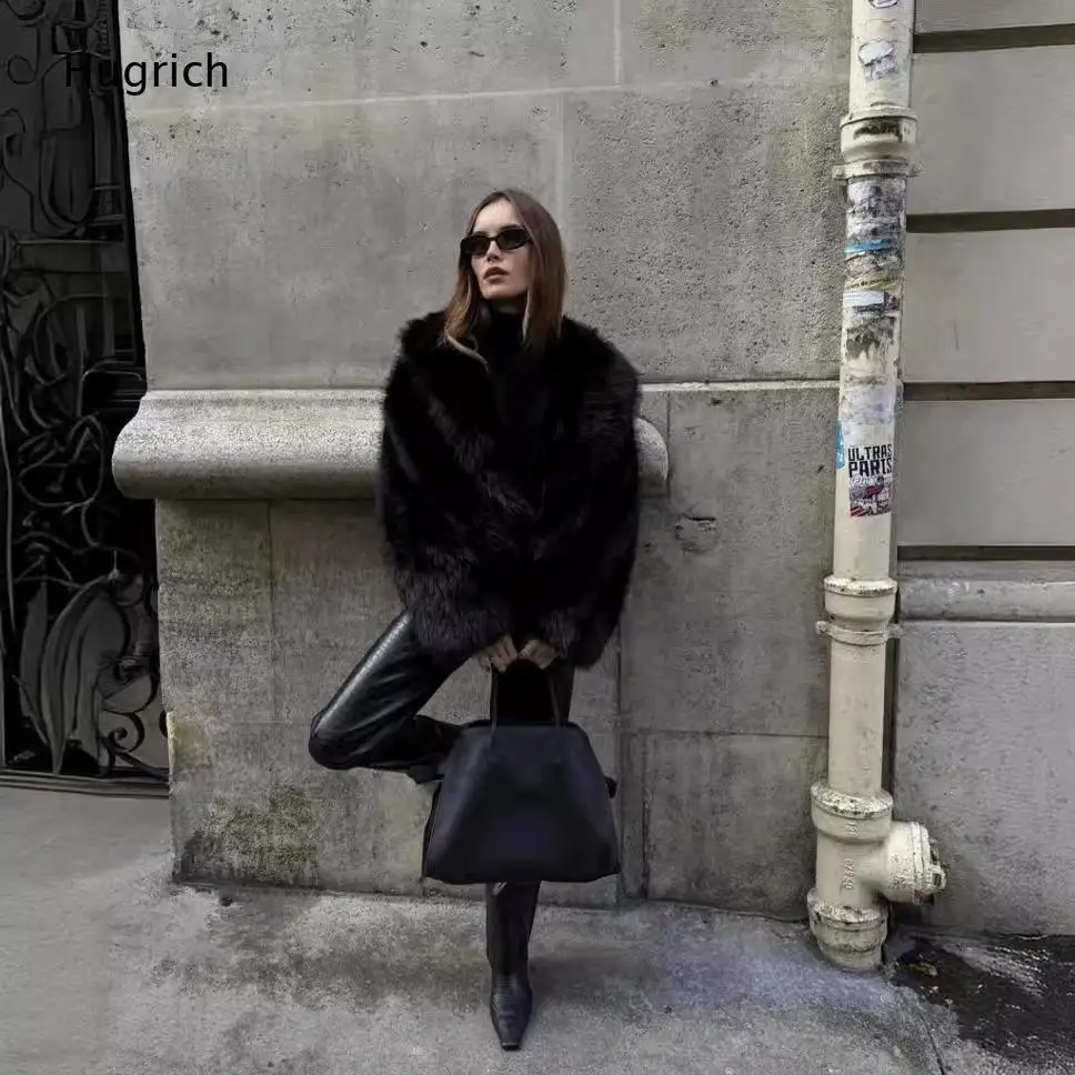 Trendy Women Wide Lapel Cropped Faux Fur Jacket Long Sleeve Oversized Street Style Winter Outerwear