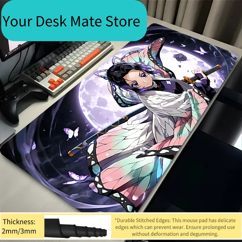 Mauspad XXL PC Lila Blume D-Demon Slayer Schreibtischunterlage Neu Kochou Shinobu Mauspad Laptop Anime Mädchen Gamer Schrank Tastaturmatte