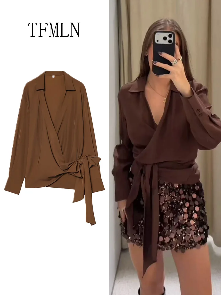 Women's Solid Causal Blouses 2026 Spring Summer New Brown Color Long Sleeve Lace Up Decorated V-Neck Shirt Sexy Fashion Tops