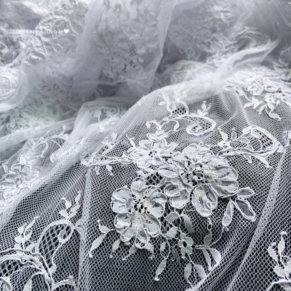 white lace material for dresses Ivory White Embroidery Lace Fabric, Floral Lace for Bridal Wedding Dress Gown, Leaves Rayon Tulle Flower Lace by the Yard