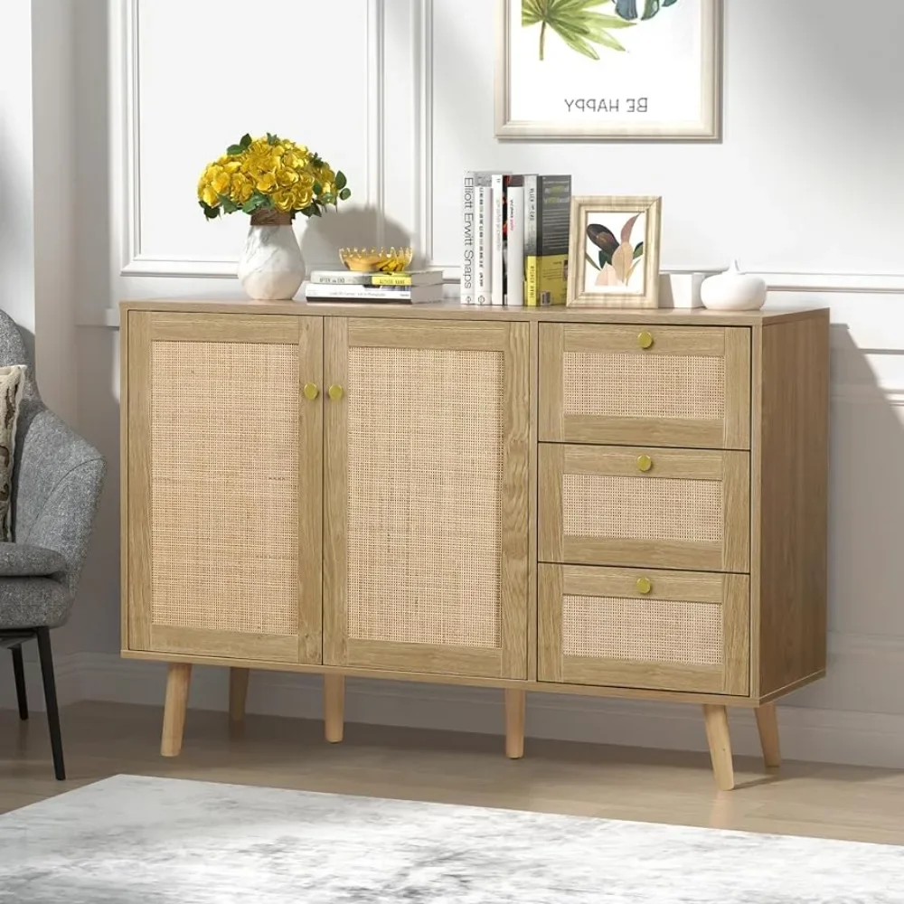 

Rattan Sideboard Buffet Cabinet with 2 Doors and 3 Drawers, Buffet Cabinet with Storage Wood Credenza Storage Cabinet