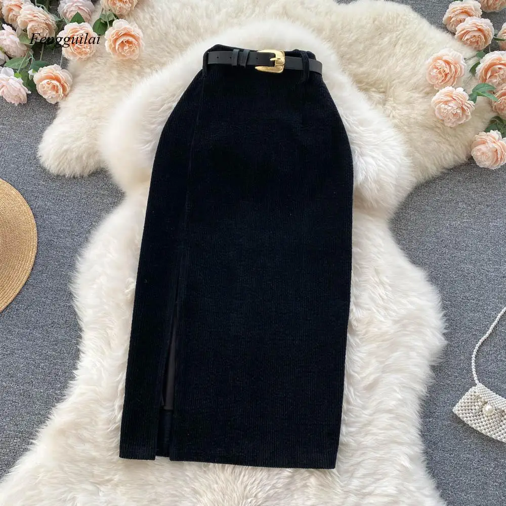 Women's Elegant Corduroy Pencil Skirt - High-Waisted with Belt and Front Slit for Work, Date Night & Everyday Outfits