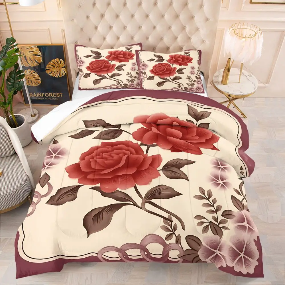 

Vintage Red Rose Frame Comforter Set Quilt Bedding Set Pillowcase HD Digital Print Retro Home Bedroom Bed Kit