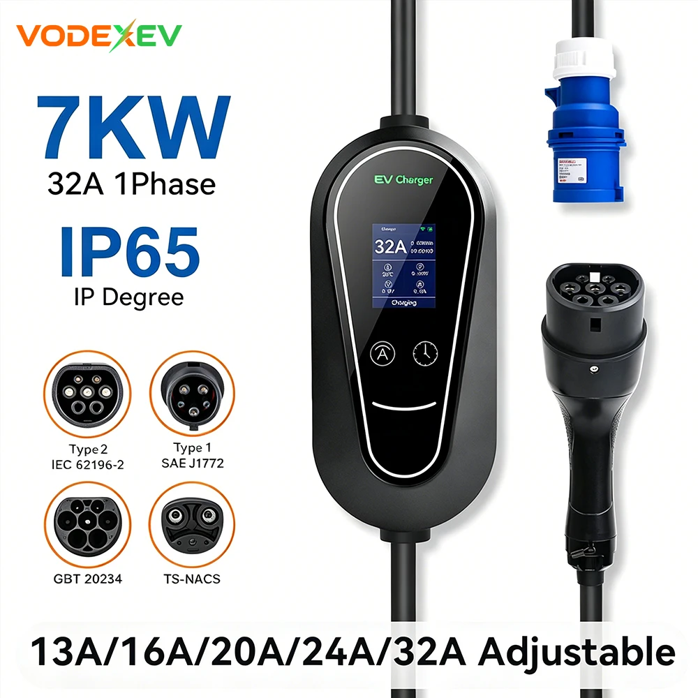 

VODEXEV EV Charger Type2 32A Adjustable Current 7KW Type1/GBT/Tesla Adjustable Charging Time For Electric Vehicle Hybrid Cars