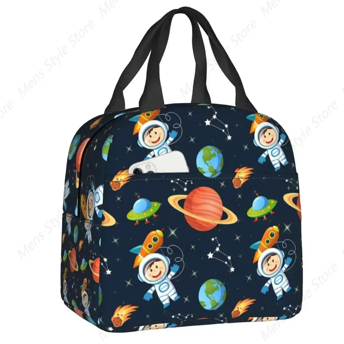 Space Universe Astronaut Lunchtas Thermische koeler Geïsoleerde Cartoon Ruimteschip Ruimtevaarder Lunchbox voor Dames Kinderen Schoolvoedselzakken