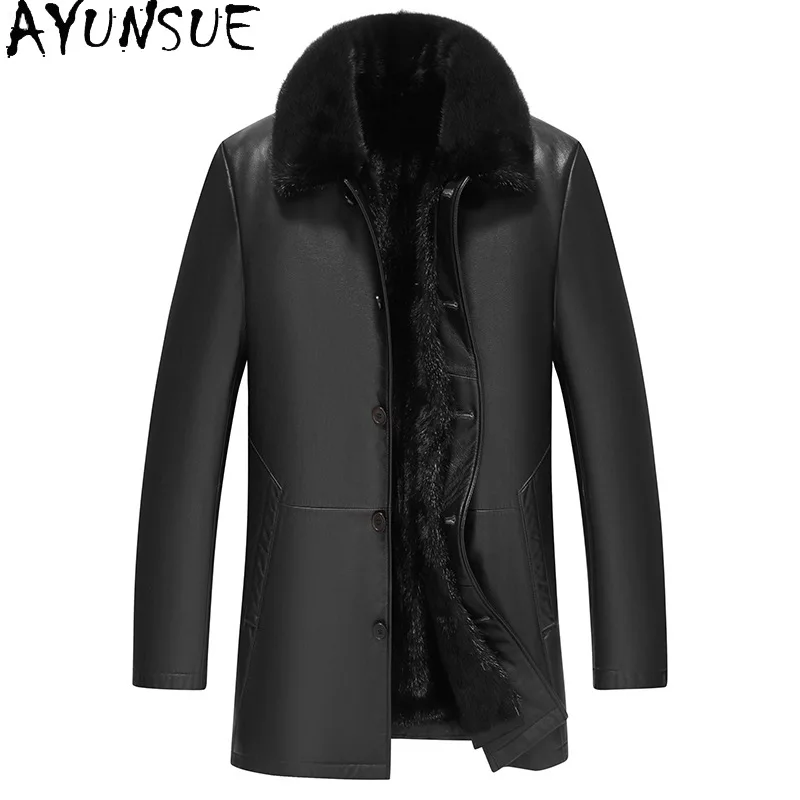 AYUNSUE Genuine Leather Jacket Men Clothing Real Cowhide Jackets for Men Mink Fur Liner Leather Jacket High Quality 진짜 가죽자켓