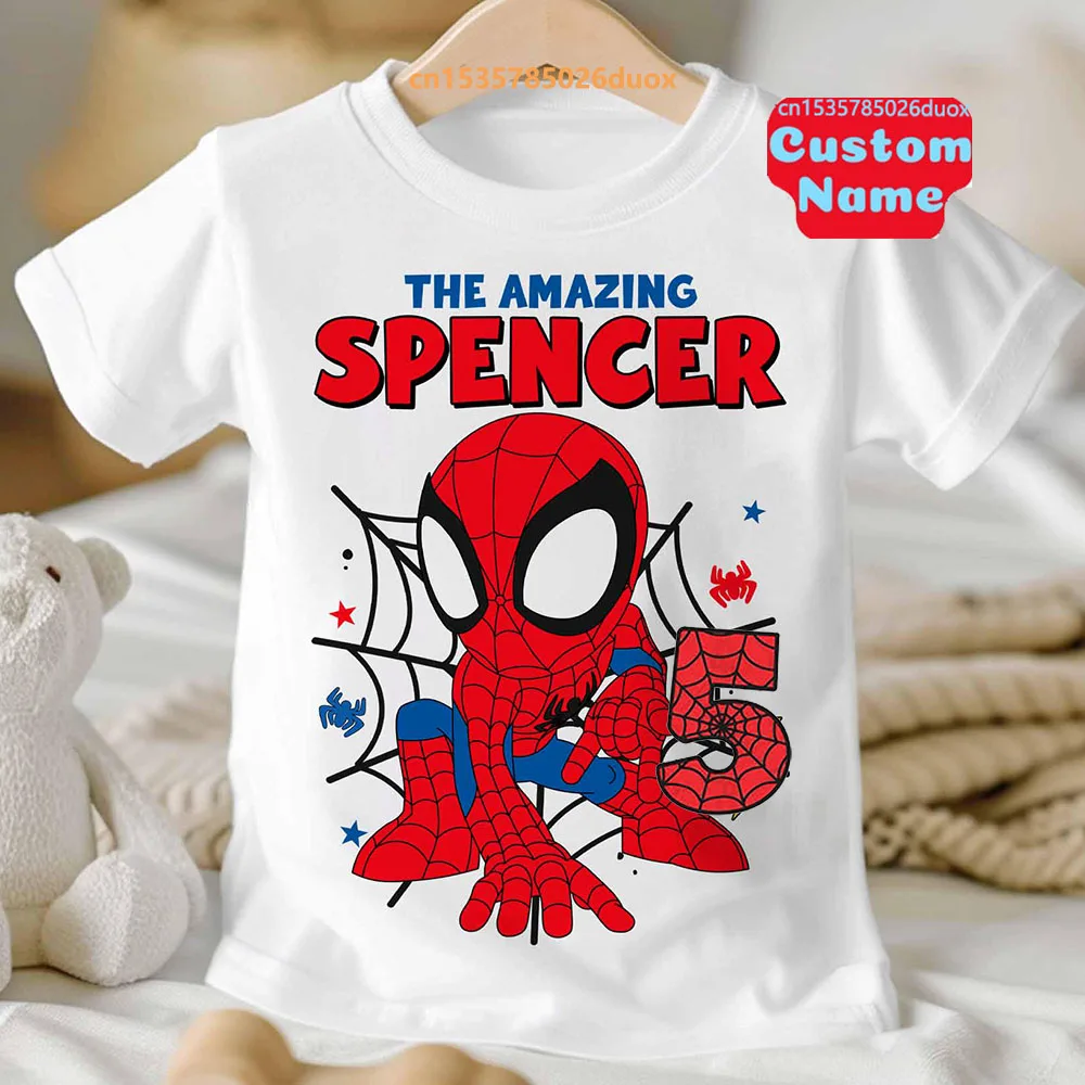 Summer 2025 Kid 2 3 4 5 6 7 8 Marvel Spiderman Girl Birthday Short Sleeve Shirt Spider-Man Boy Personalize Name Birthday Clothes