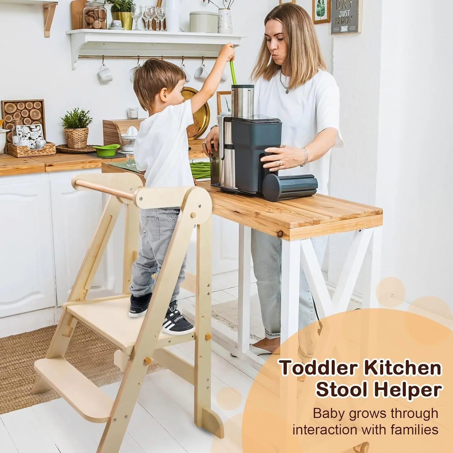 Foldable Toddler Kitchen Tower, Baby Montessori Kitchen Helper with Whiteboard and Safety Rail, Kids Learning Tower Step Stool